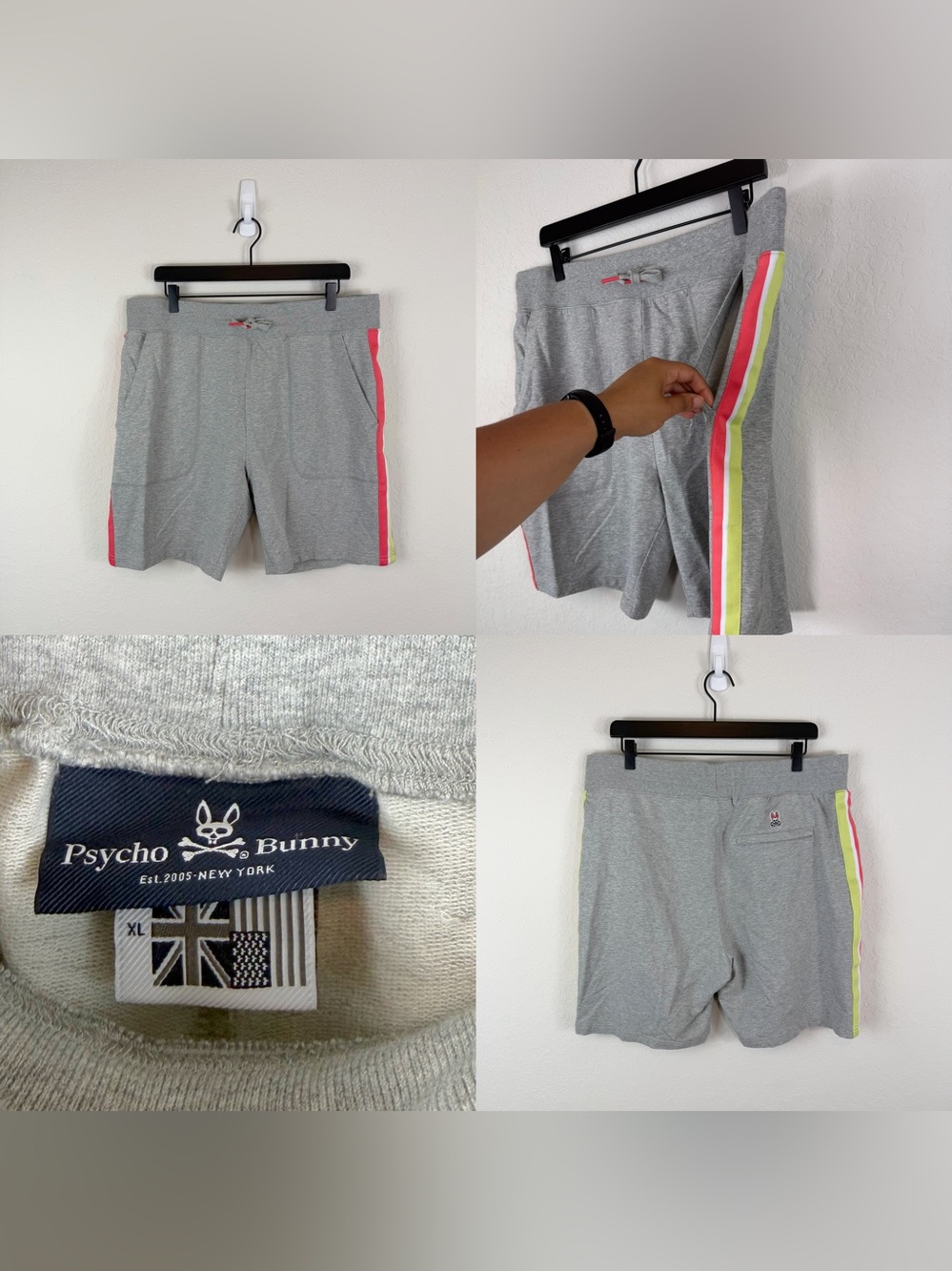 •PSYCHO BUNNY• Mens Sweat Shorts Grey Side Stripes Size XL
